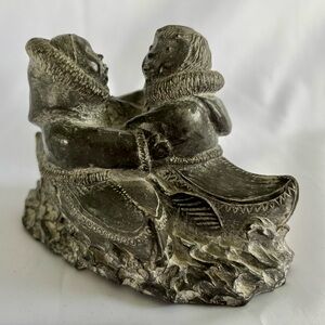 A Wolf Original Soap Stone Sculpture Inuit Man and Woman Canoes 5” Figurine